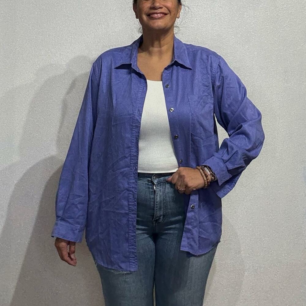 Chico's Design Blue Suede Long Sleeve Button Up Blouse Sz 2/L